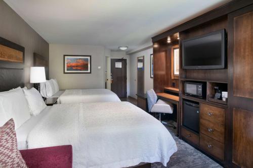 Hampton Inn Jackson Hole في جاكسون: غرفة فندقية بسرير وتلفزيون بشاشة مسطحة