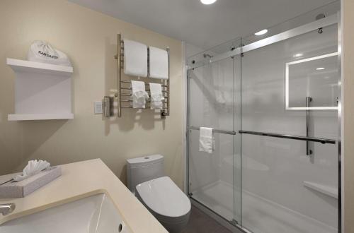 a bathroom with a shower with a toilet and a sink at Hampton Inn Greenville/Travelers Rest in Travelers Rest