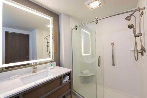 a bathroom with a shower and a sink and a mirror at Hilton Garden Inn Grand Rapids East in Grand Rapids