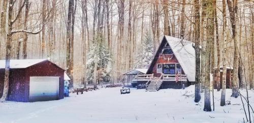 una pequeña cabaña en el bosque en la nieve en Outdoorsy AFrame Set Back On Acreage on Hamlin Lake-Hot Tub-Kayaks-Firepit, en Free Soil
