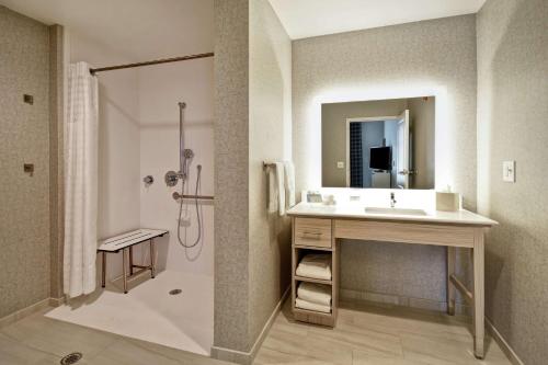 グリーンビルにあるHomewood Suites By Hilton Greenville Downtownのバスルーム(シンク、シャワー付)