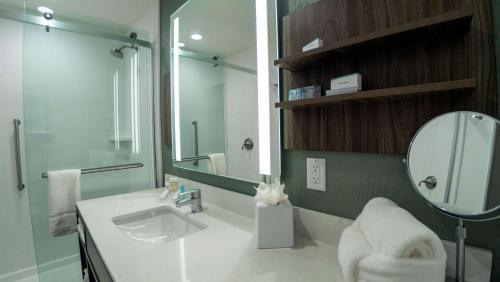 a bathroom with a sink and a mirror at Hilton Garden Inn Spartanburg in Spartanburg