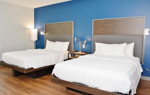 two beds in a hotel room with blue walls at Tru By Hilton Grand Junction Downtown in Grand Junction