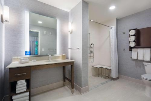 a bathroom with a sink and a toilet and a mirror at Homewood Suites By Hilton Reston, VA in Reston