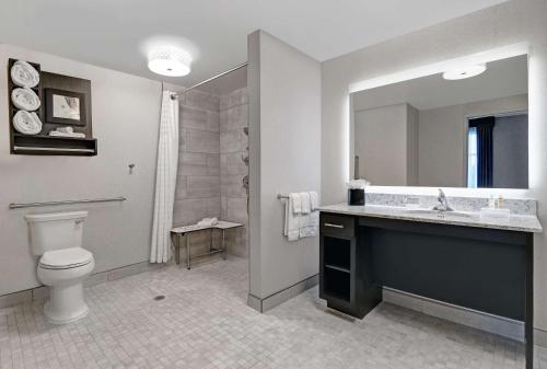 a bathroom with a toilet and a sink and a mirror at Homewood Suites By Hilton Edison Woodbridge, NJ in Edison
