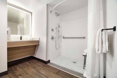 a white bathroom with a shower and a sink at Hampton Inn Newark Airport in Newark
