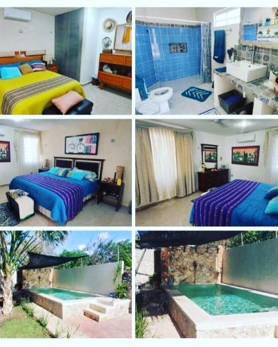 kolaż czterech zdjęć pokoju hotelowego w obiekcie Casa Azul w mieście Mérida