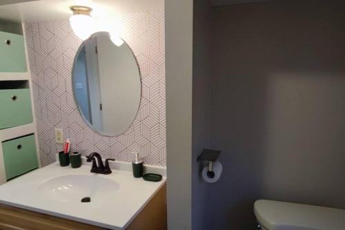 La salle de bains est pourvue d'un lavabo et d'un miroir. dans l'établissement Downtown Charm Two Bedroom Home, à Noblesville