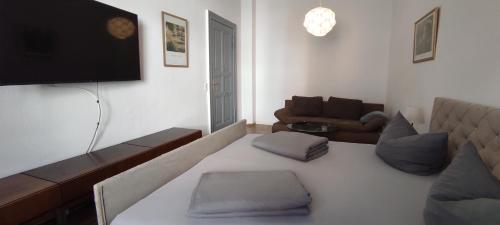 a living room with a couch and a television at Apartment Cottbus City - Erdgeschoss in Cottbus