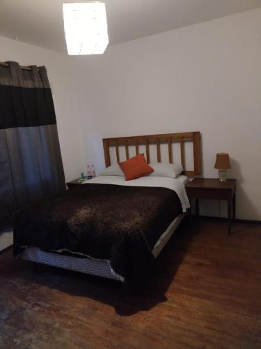 a bedroom with a bed with a brown blanket at La Cortesana in Mexico City