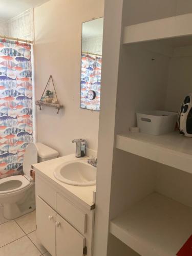 a bathroom with a sink and a toilet and a mirror at John’s Place in Grand Turk
