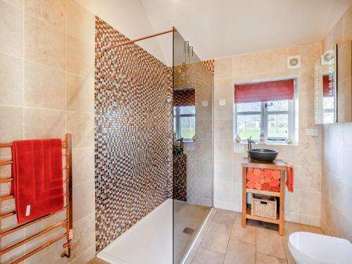 a bathroom with a shower with a toilet and a sink at Bank House Barn in Audlem