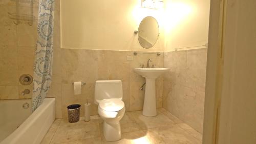 a bathroom with a toilet and a sink and a mirror at Royal Palms Estate in Christiansted