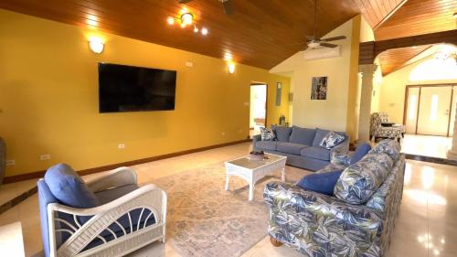 a living room with a couch and a tv at Royal Palms Estate in Christiansted