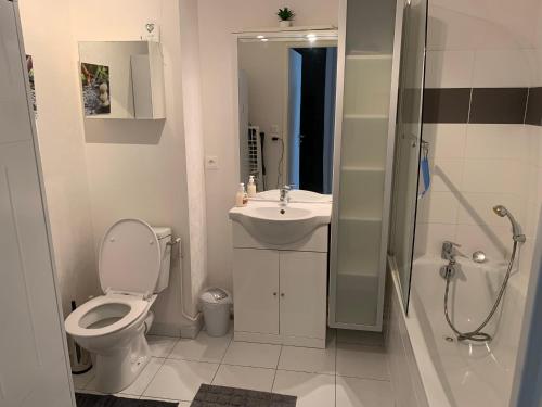 une salle de bain avec toilettes, lavabo et douche dans l'établissement Fort-Mahon-Plage: À deux pas de la plage, appartement neuf avec balcon et garage - FR-1-482-134, à Fort-Mahon-Plage