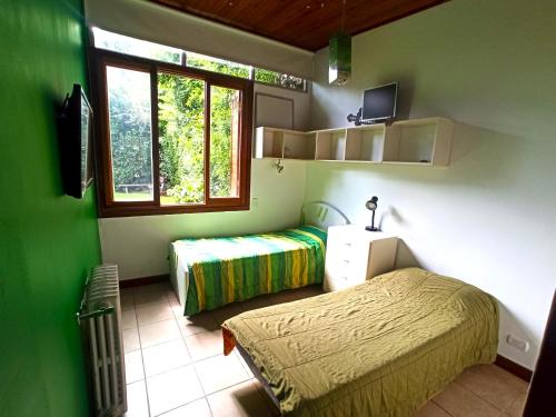 Cette chambre comprend 2 lits dans une chambre dotée de murs verts et d'une fenêtre. dans l'établissement Hermosa casa en barrio parque., à Mar del Plata