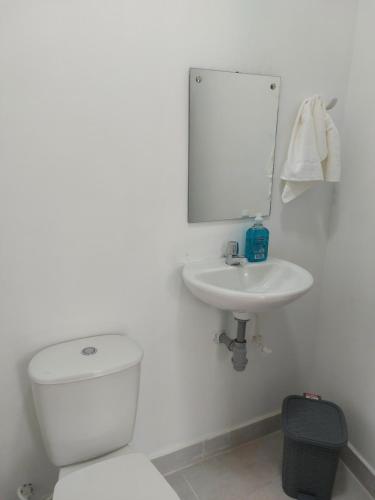 a white bathroom with a toilet and a sink at Cabaña Maríamar2 in Puerto Escondido