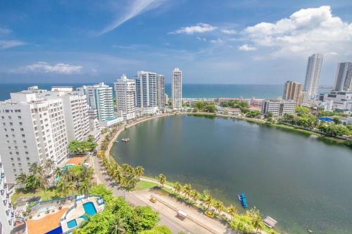 an aerial view of a city with a large body of water at Apartaestudio en cartagena COLOMBIA in Cartagena de Indias