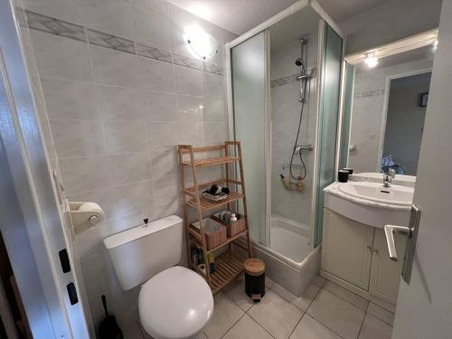 une salle de bain avec toilettes, lavabo et douche dans l'établissement Villa T2 mezzanine climatisée avec piscine, proche plage - La Franqui - FR-1-81-608, à La Franqui-Plage