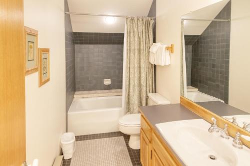 a bathroom with a sink and a toilet and a shower at Cimarron Lodge 7 by AvantStay Ski-InSki-Out Property in Complex w Two Hot Tubs in Telluride
