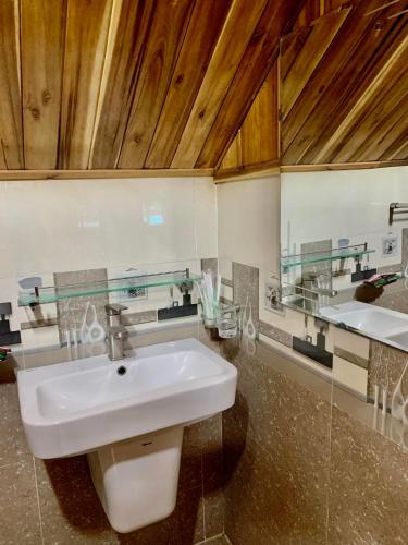 a bathroom with a sink and a mirror at Hang Lan Bungalow in Ninh Binh