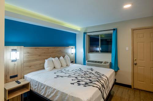 Exclusivo Inn and Suites Near Arlington Stadium في غراند براري: غرفة نوم بسرير كبير بجدار ازرق