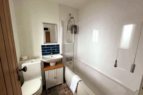 La salle de bains est pourvue de toilettes, d'un lavabo et d'une douche. dans l'établissement ERIN NEAMH - Magnificent sea views cosy cottage in Cumbria, 