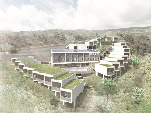 eine architektonische Darstellung eines Gebäudes mit grünen Dächern in der Unterkunft Papangue Hôtel & Spa in L’Étang-Salé