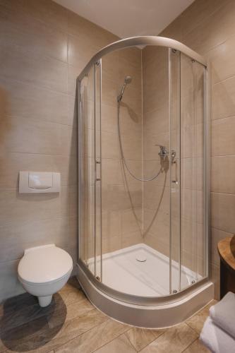a shower stall in a bathroom with a toilet at Karczma Taberska in Kolesin