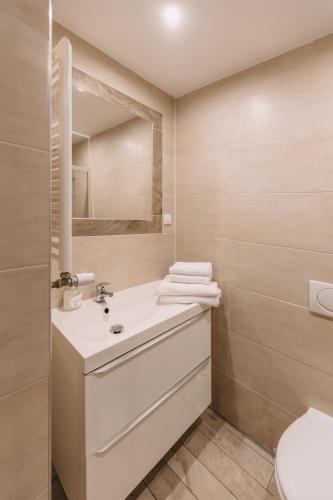 a bathroom with a sink and a toilet and a mirror at Karczma Taberska in Kolesin