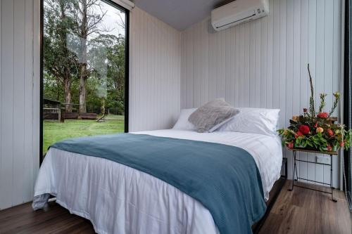 a bedroom with a bed with a large window at Brumby's Run 