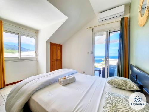 a bedroom with a large bed with a large window at Villa Aldabra - 3 etoiles avec piscine à Saint-Leu in Saint-Leu