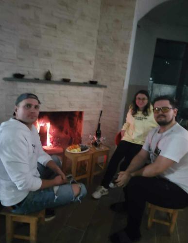 two men and a woman sitting in a living room with a fireplace at DIOSKURIA BORJOMi in Borjomi