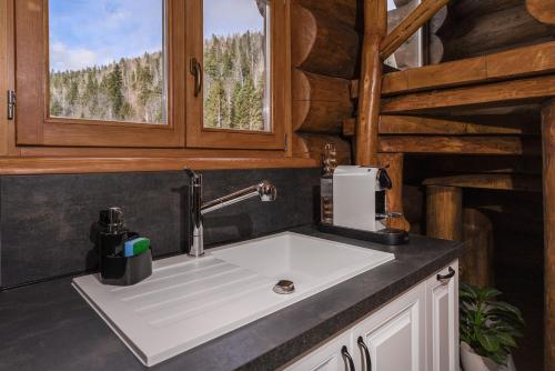 um lavatório branco numa cozinha com uma janela em Loghouse Madeira, Fužine. em Fužine