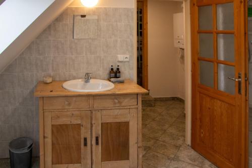 a bathroom with a sink and a staircase at Podkroví v Kabinetu CB in České Budějovice