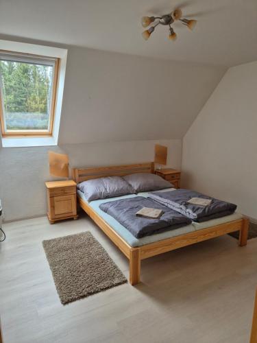 a bedroom with a bed and a ceiling fan at Chata Lipno in Lipno nad Vltavou