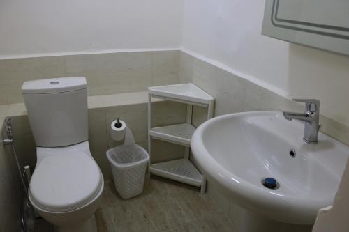 a bathroom with a white toilet and a sink at Gallery Hotel in Amman