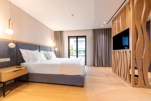 una habitación de hotel con una cama y un televisor en OPULENT PENTHOUSE 1, en Vari