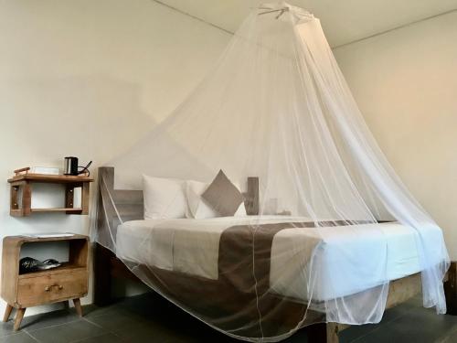 - une chambre avec un lit et une moustiquaire dans l'établissement Kraras Munduk Guest House & DonBiyu Rendezvous Restaurant, à Munduk
