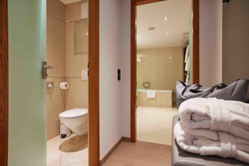a bathroom with a toilet and a sink in a room at Hotel EDELWEISS Berchtesgaden Superior in Berchtesgaden