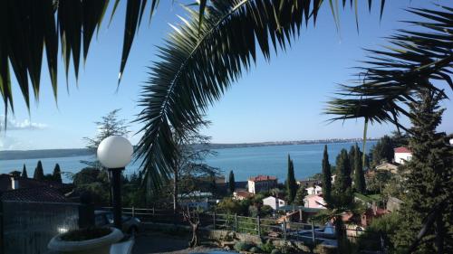 a view of the ocean from a palm tree at Studio-apartments Monfort in Portorož