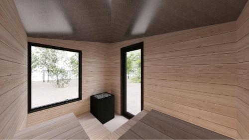 白馬村にあるラフォーレグランピングフィールド 白馬の木製の壁、窓2つ、スツールが備わる客室です。