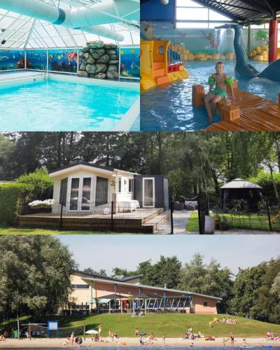 a collage of four pictures of a water park at VakantieNoord, chalet 6p with veranda, located in Friesland, 5 stars camping on the lake in Suameer