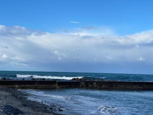 a group of people standing on a beach near the ocean at Seaside House Nagi in Itoigawa