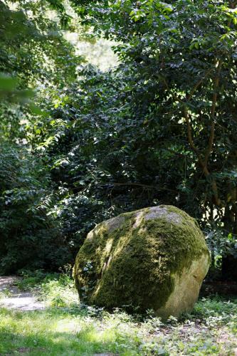 a large rock sitting in the grass near trees at Cit'Hotel Le Relais du Boisniard in Chambretaud