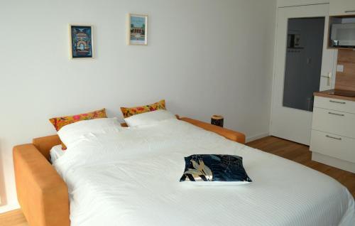 ein Schlafzimmer mit einem Bett mit einer weißen Tagesdecke in der Unterkunft Nouveau - Quartier St Hélier in Rennes