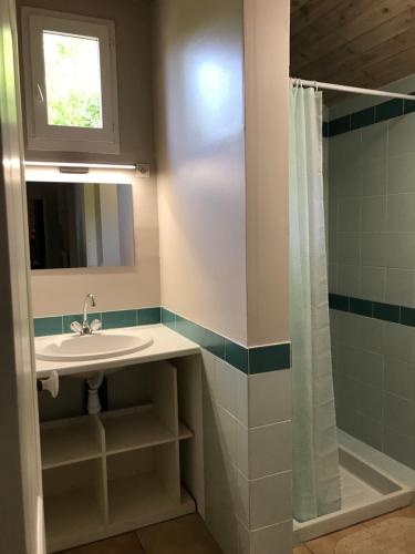 une salle de bain avec un lavabo et une douche dans l'établissement LACANAU, à Lacanau