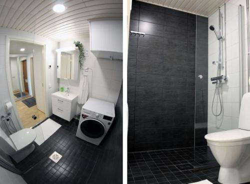 two pictures of a bathroom with a toilet and a shower at Modern Studio in Prime Location in Vantaa