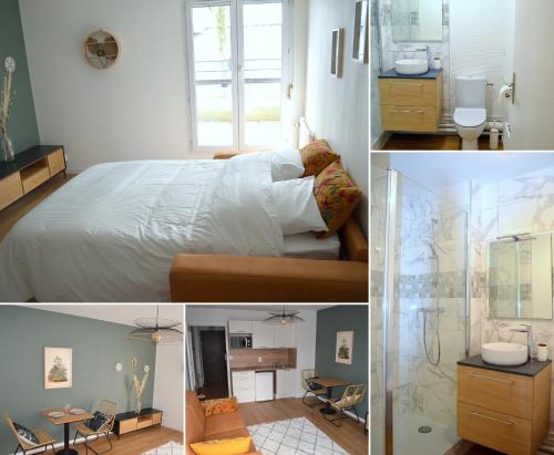 eine Collage mit Bildern eines Schlafzimmers mit einem Bett und einem Badezimmer in der Unterkunft Nouveau - Quartier St Hélier in Rennes