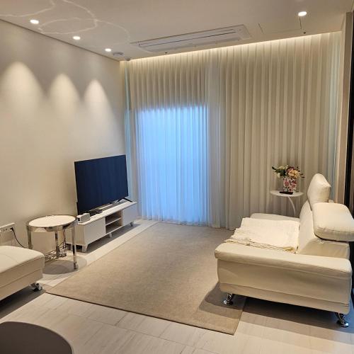 首爾的住宿－Domus，带沙发和电视的客厅
